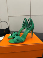 Hermes ladies green heeled sandals with T-strap front and ankle sling
