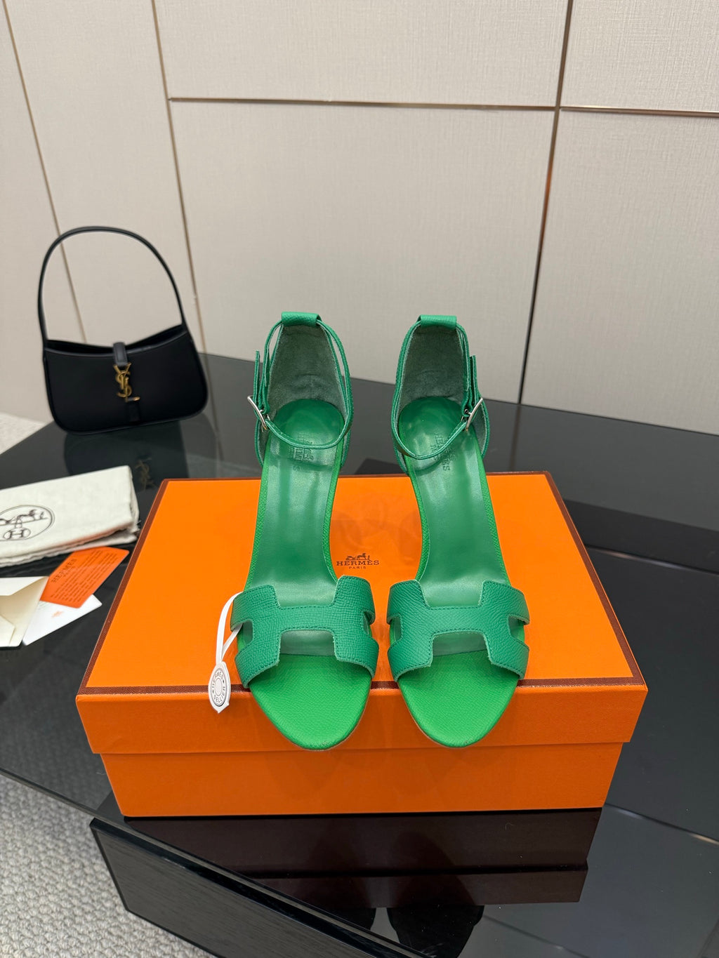 Hermes ladies green heeled sandals with cutout strap and ankle sling