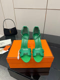 Hermes ladies green heeled sandals with cutout strap and ankle sling