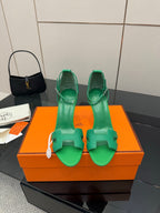 Hermes ladies green heeled sandals with cutout strap and ankle sling