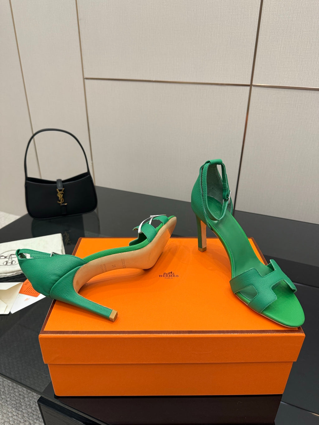 Hermes ladies green heeled sandals with wide ankle strap and T-strap cutouts