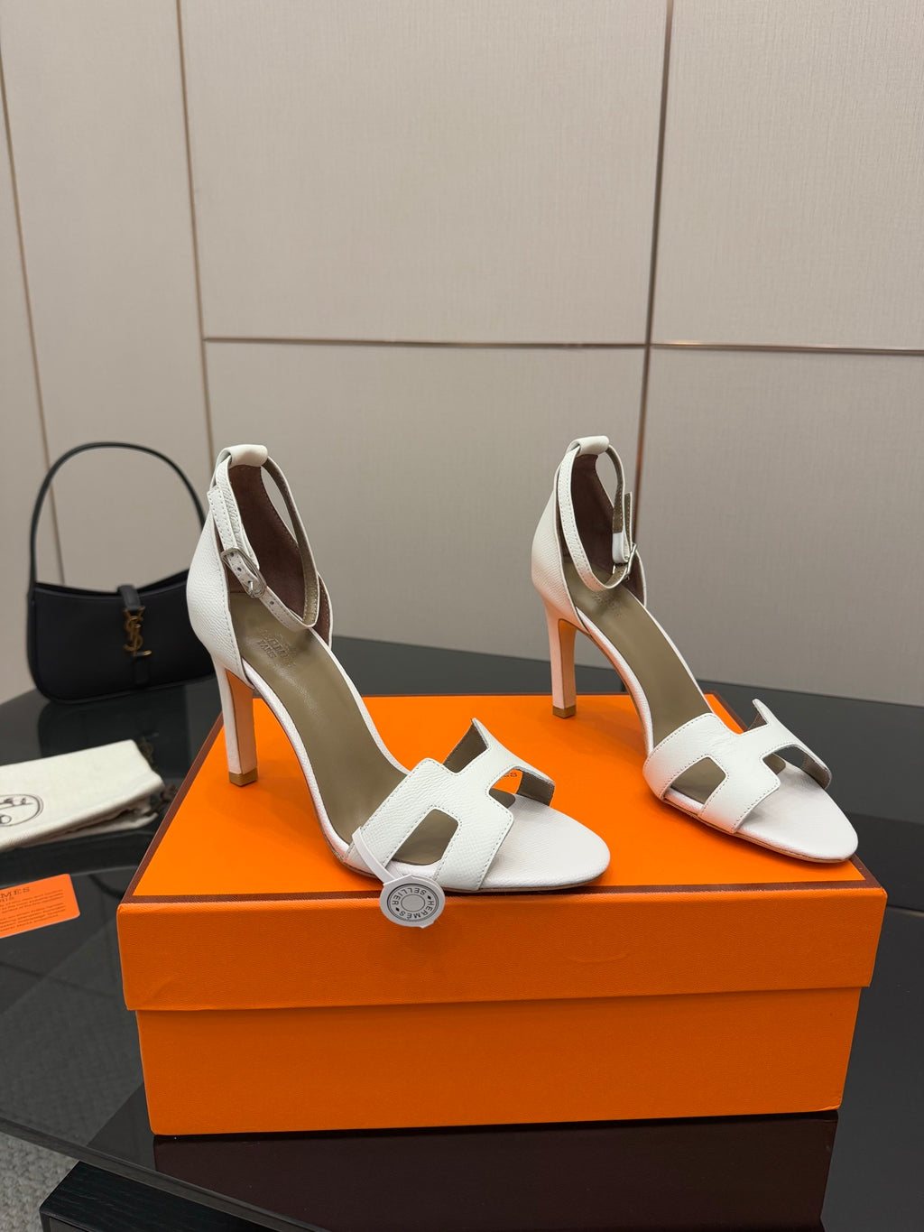 White heeled sandals, open toe, ankle strap, stacked block heel