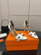 White heeled sandals, open toe, ankle strap, stacked block heel