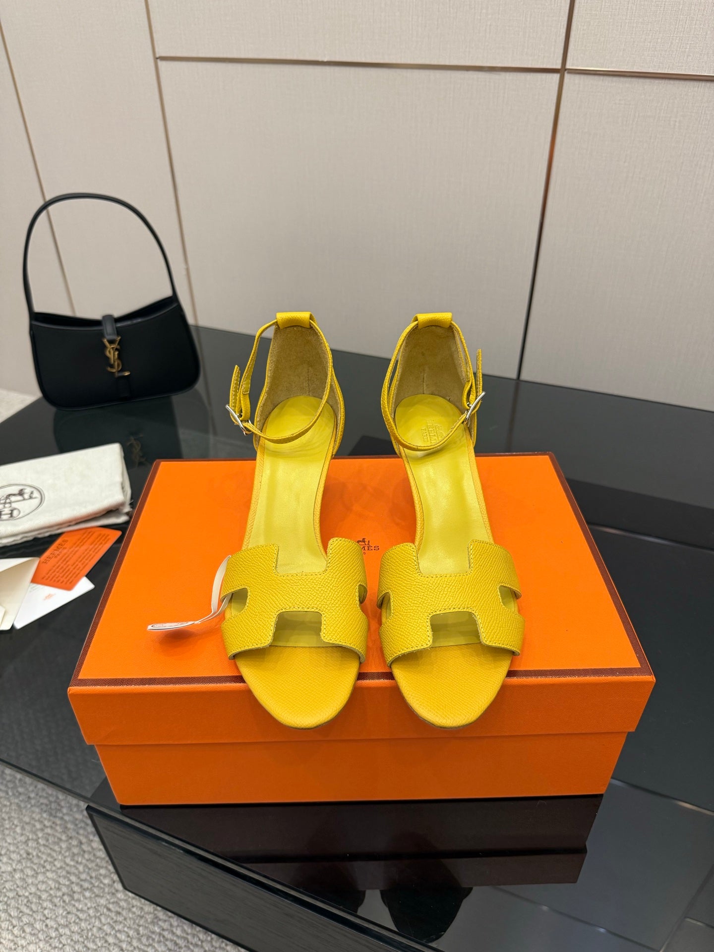 Yellow heeled sandal shoes with ankle strap and cutout strap detail
