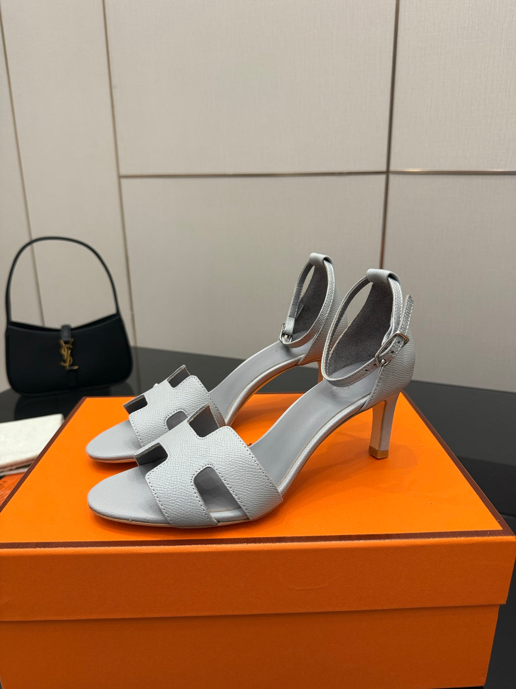 Ladies sandals, light gray leather, open toe and ankle strap with block heel