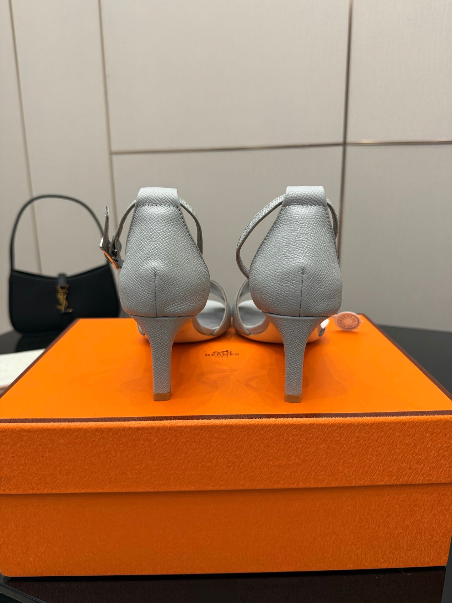 Ladies sandals, light gray leather slingback with cutout strap, block heel