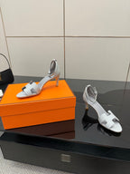 Ladies sandals, light gray leather with ankle strap, open toe, low block heel