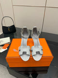 Hermes ladies sandals, light gray leather with T-strap and low block heel