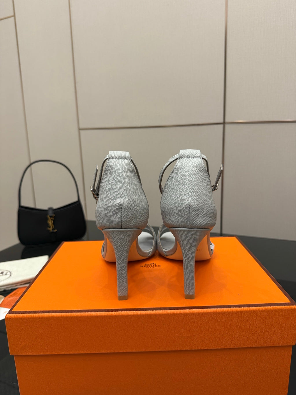 Ladies' light-gray heeled sandals with back strap and slim stiletto heel