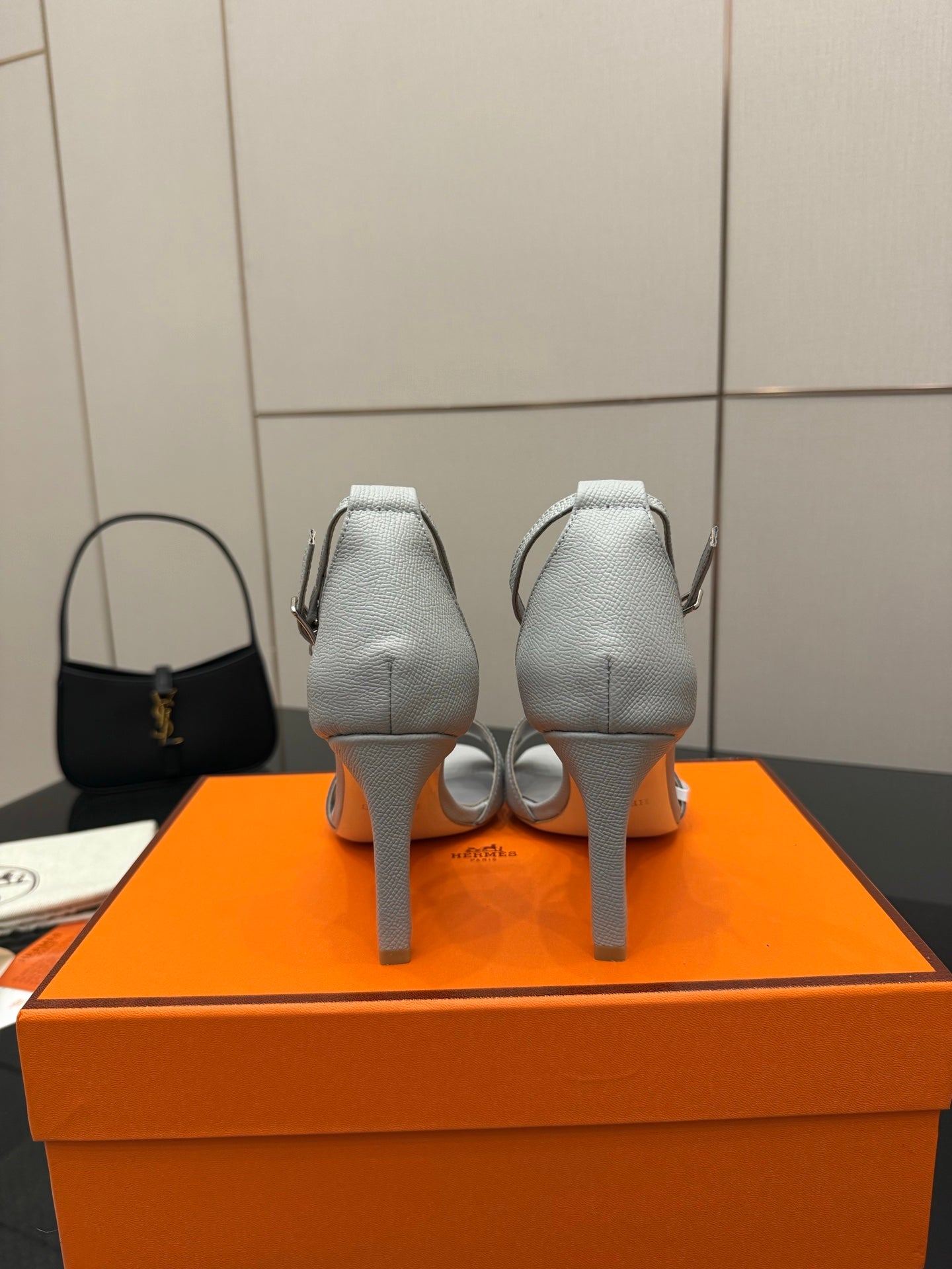 Ladies' light-gray heeled sandals with back strap and slim stiletto heel