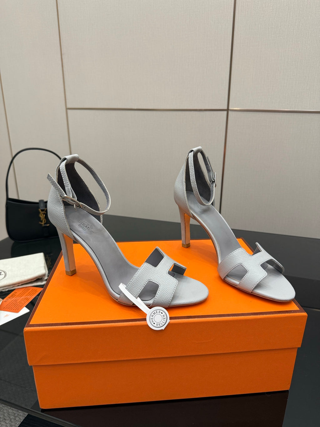 Ladies' light-gray heeled sandals with thin heel and buckle ankle strap