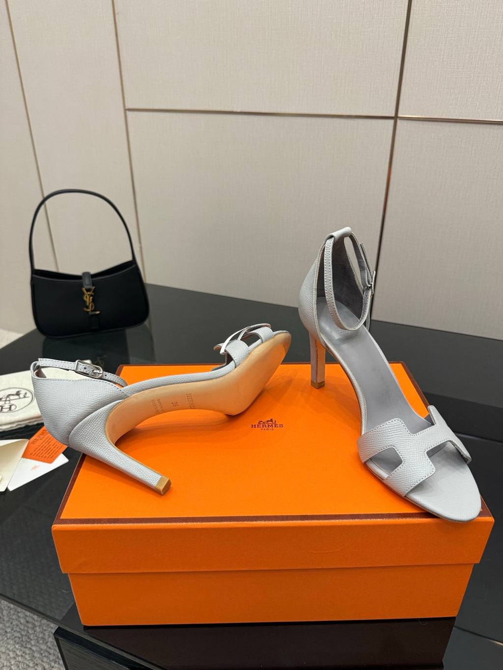 Ladies' light-gray heeled sandals, open toe with T-strap and sling-back