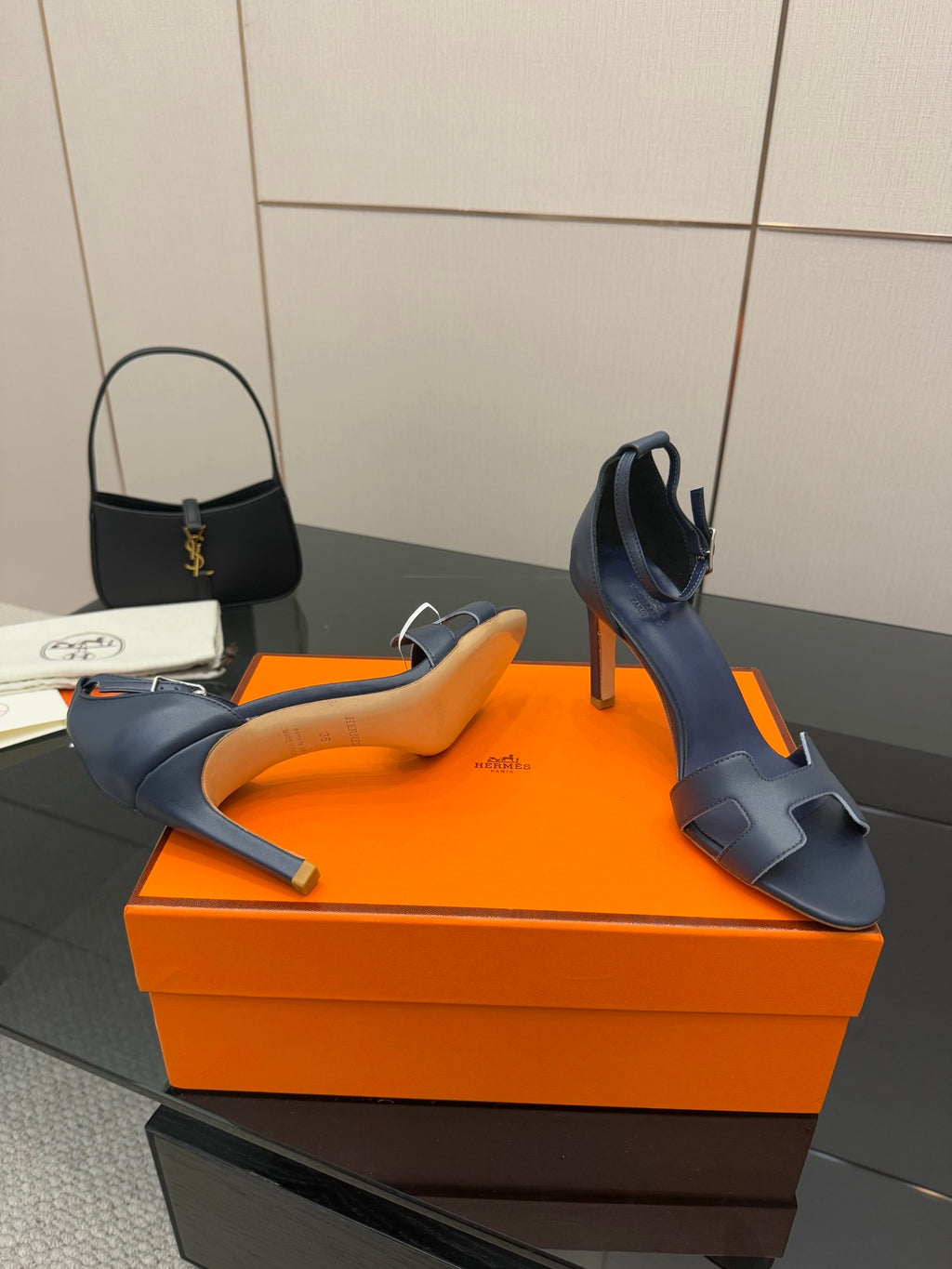 Hermes blue leather heeled sandals with cutout toe straps and slim stiletto heel