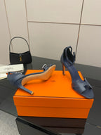 Hermes blue leather heeled sandals with cutout toe straps and slim stiletto heel