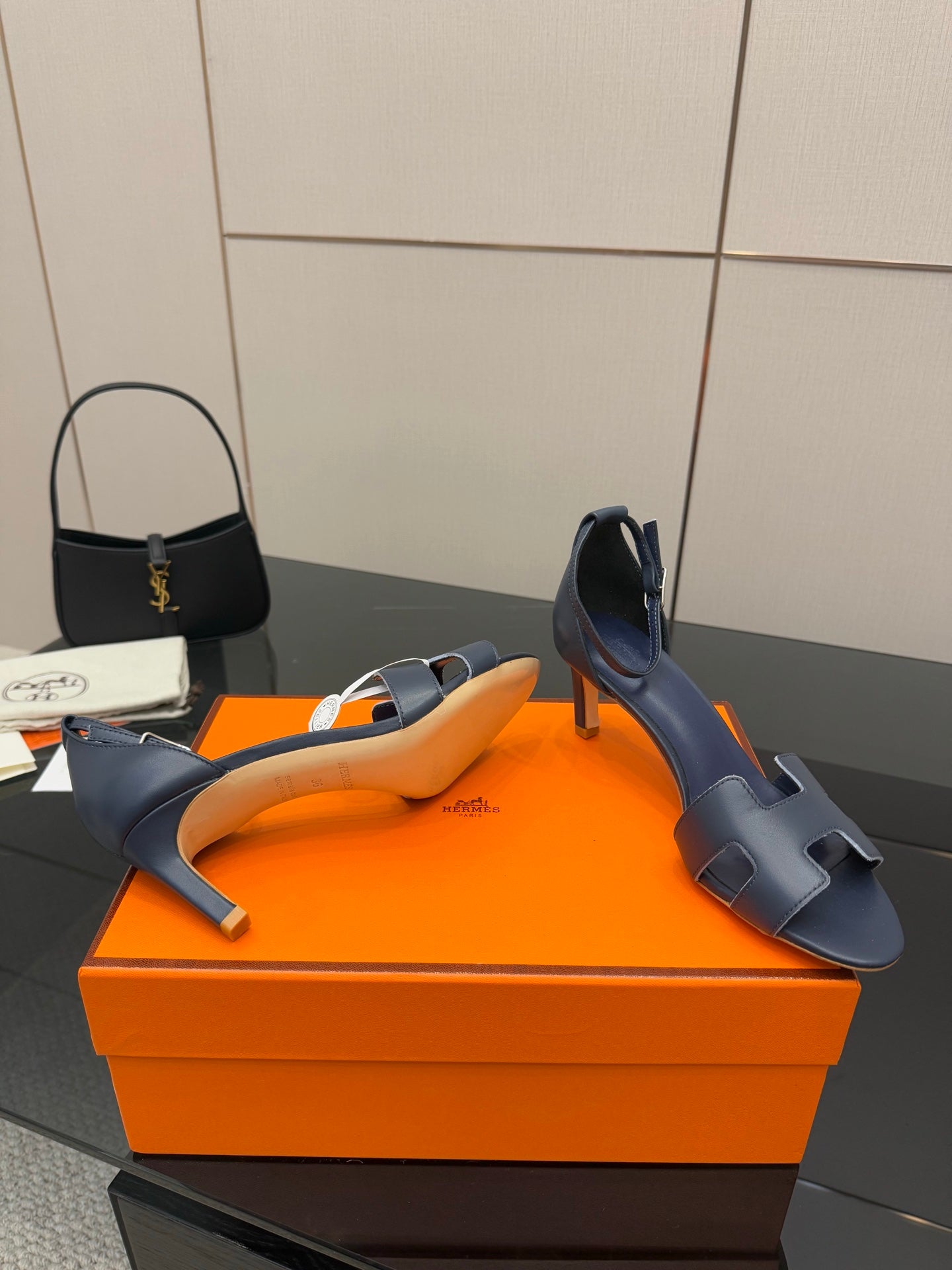 Ladies blue heeled sandals with T-strap detail and block heel