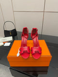 Hermes red strappy heeled sandals with open toe and ankle strap