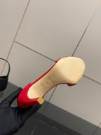 Hermes red heeled sandal outsole and insole, cream footbed view