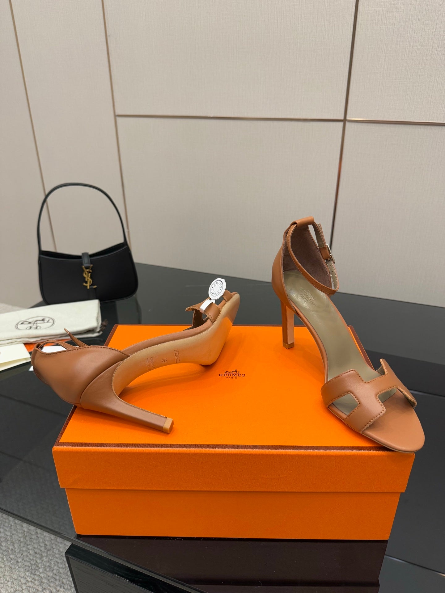Tan leather heeled sandals, open toe with slingback strap and stiletto heel