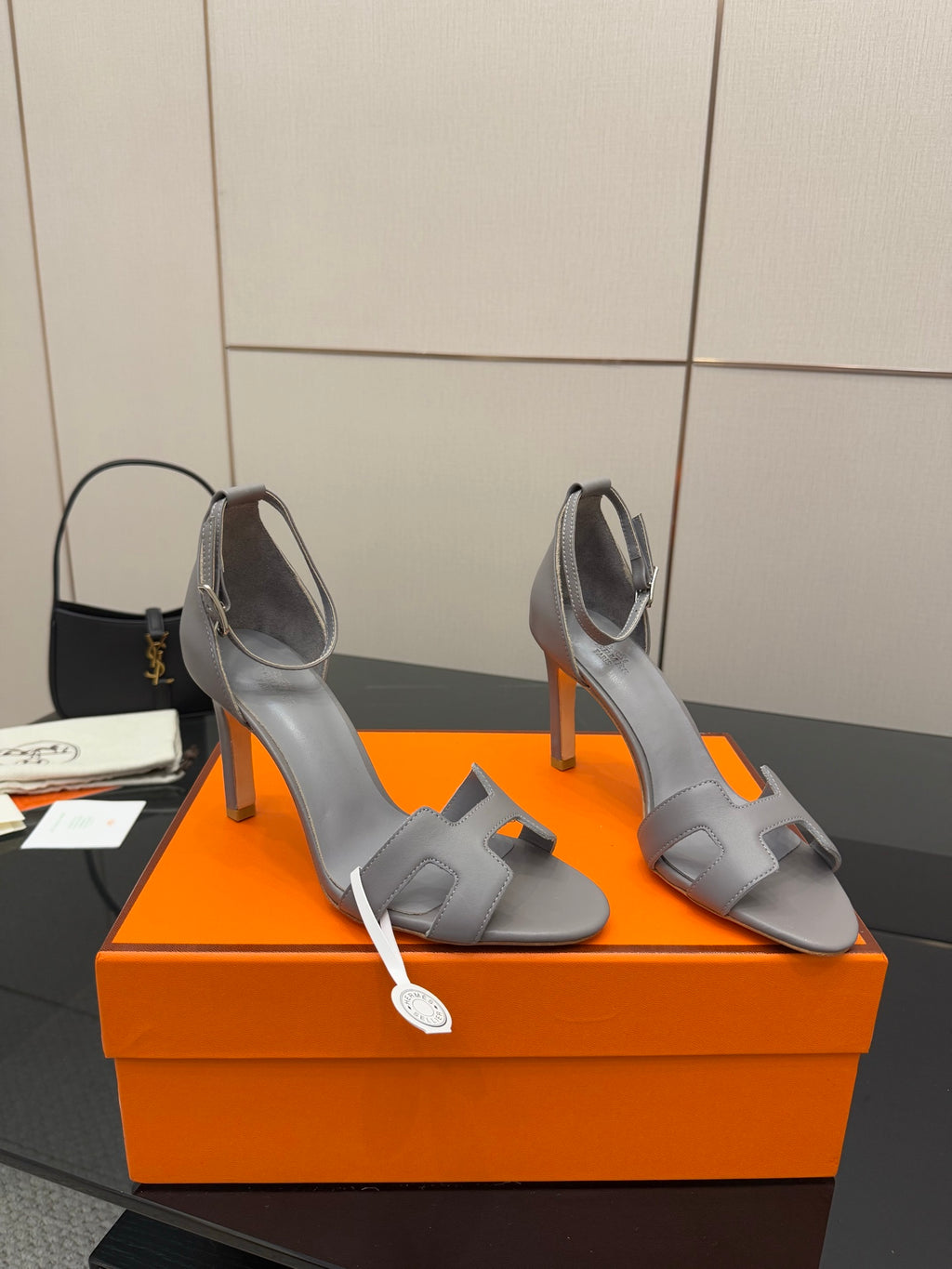 Hermes ladies gray strappy heeled sandals with buckle details and slender high heel