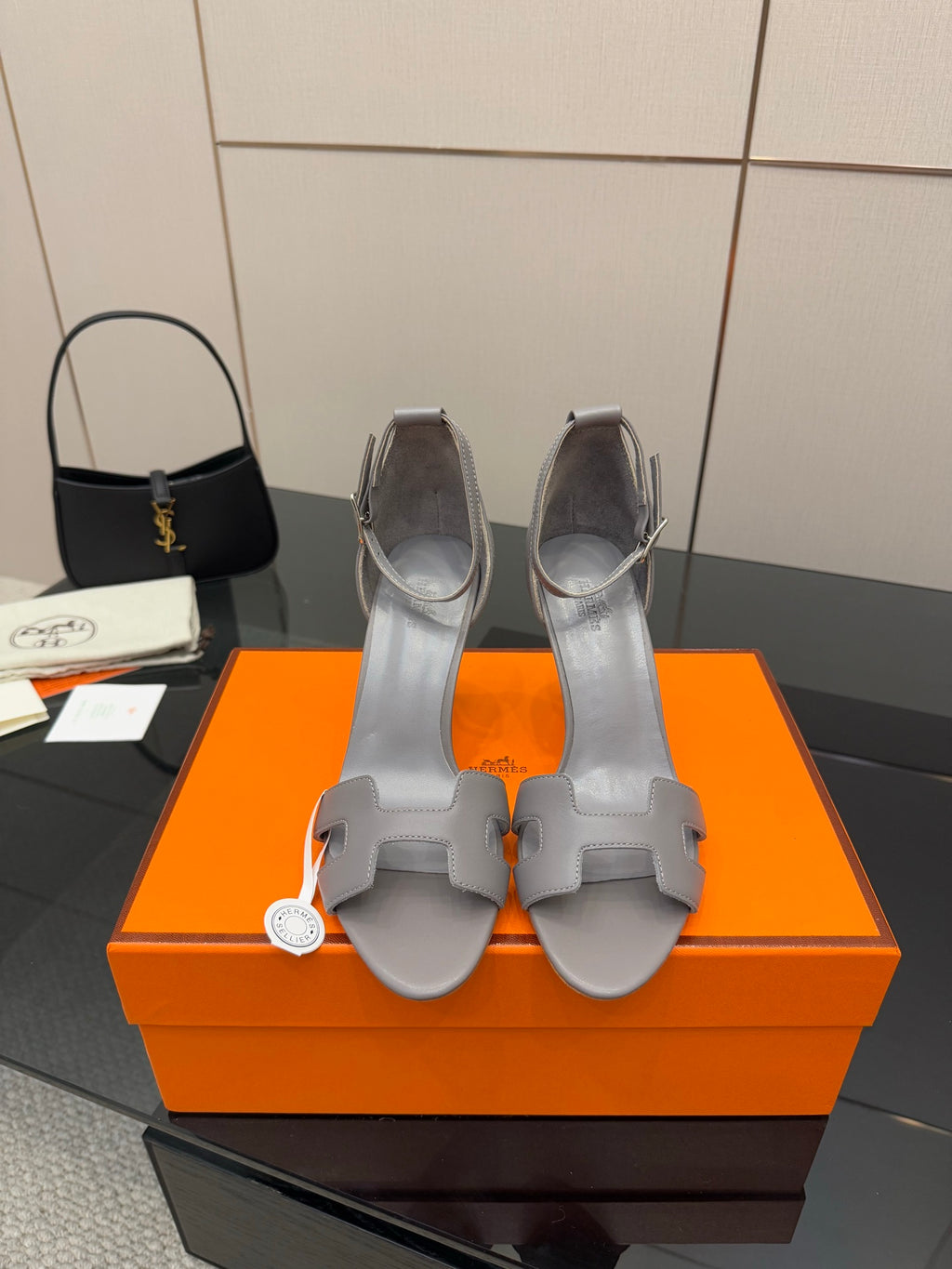 Hermes ladies gray leather heeled sandals with two wide straps and open toe