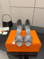 Hermes ladies gray leather heeled sandals with two wide straps and open toe