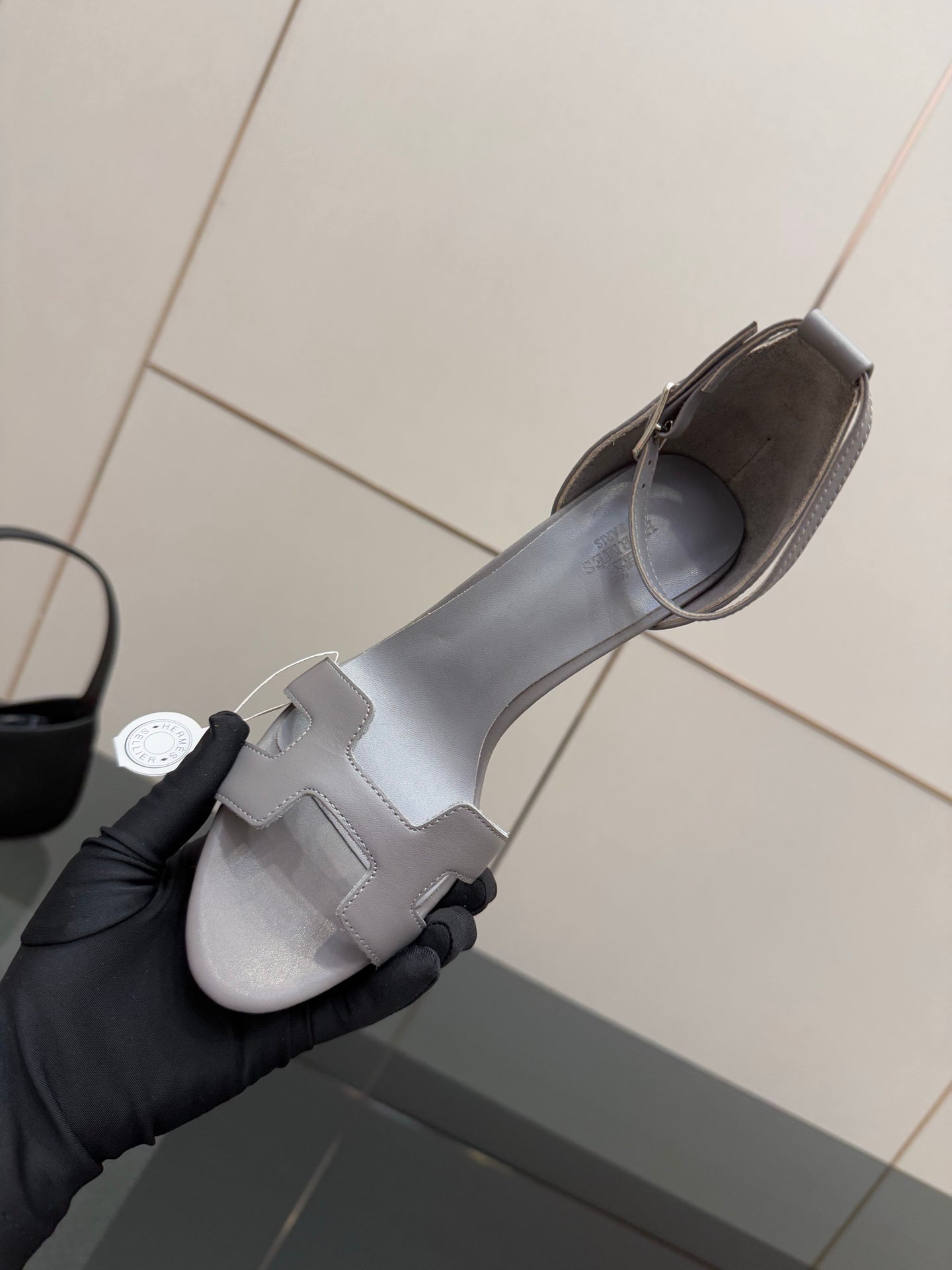 Hermes ladies gray leather heeled sandal held up with open toe and wide strap