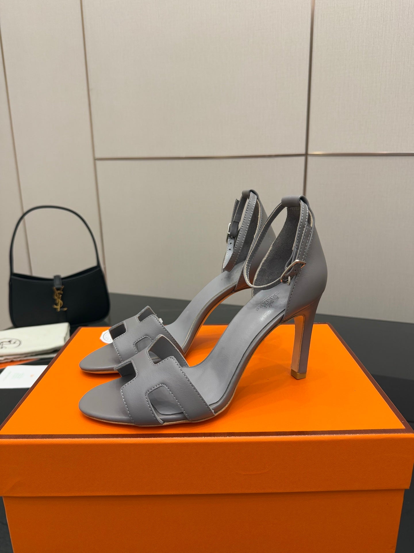 Hermes ladies gray leather heeled sandal with wide strap and open toe