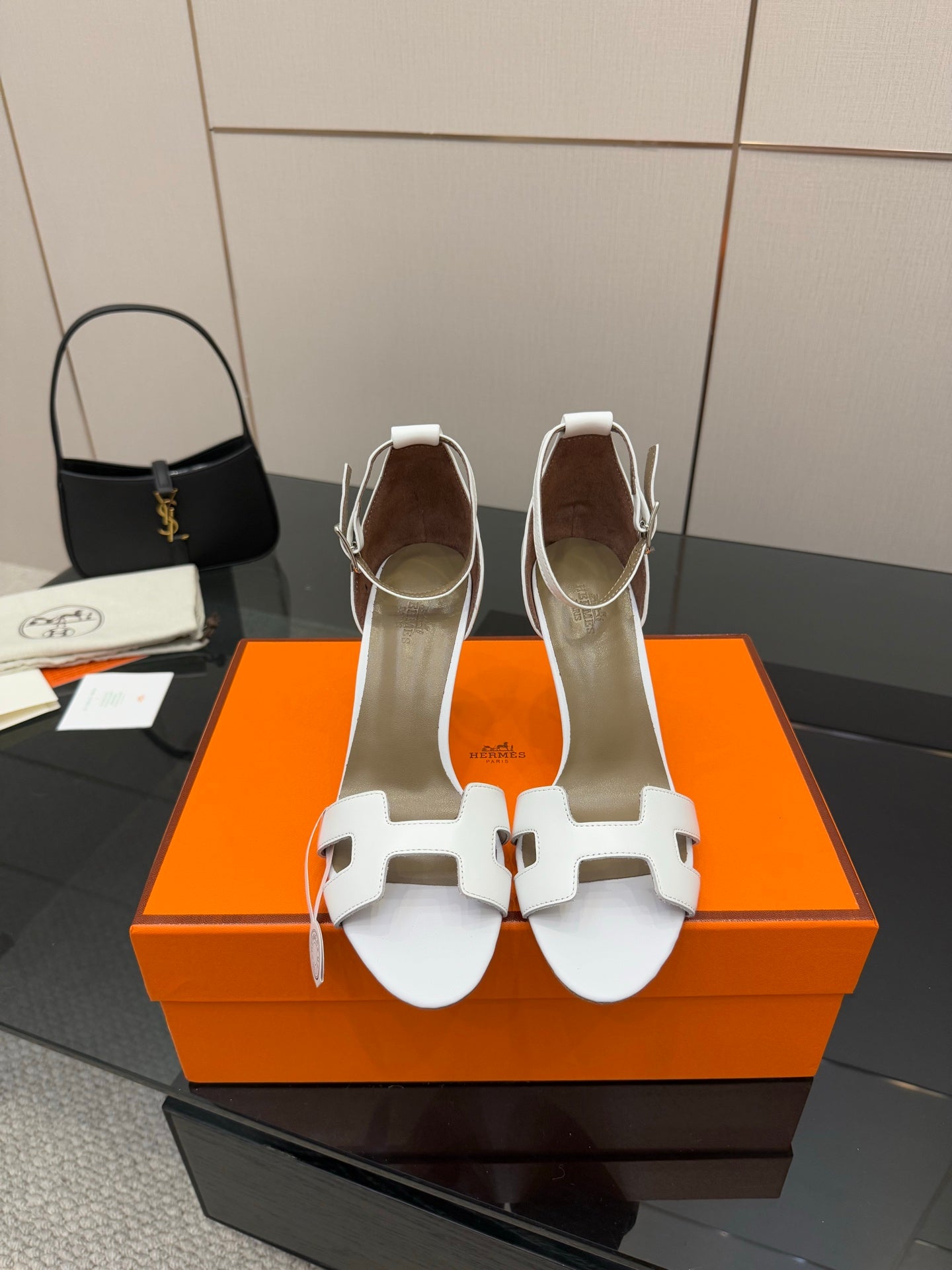 Hermes ladies heeled sandals in white leather with cutout ankle strap