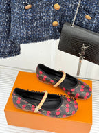 Women's black cherry-print flats with gold studded strap and low profile