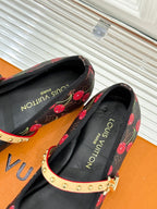 Women's cherry-print flats with gold studded strap and 'Louis Vuitton' insole