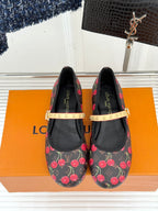 Women's cherry-print flats with gold studded strap and rounded toe