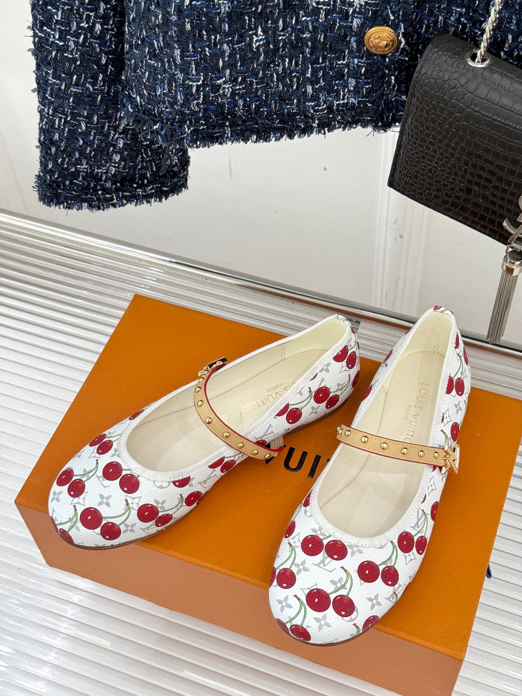 Louis Vuitton cherry-print Mary Jane flats with tan strap and gold studs