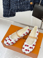 Louis Vuitton cherry-print Mary Jane flats with tan strap and gold studs