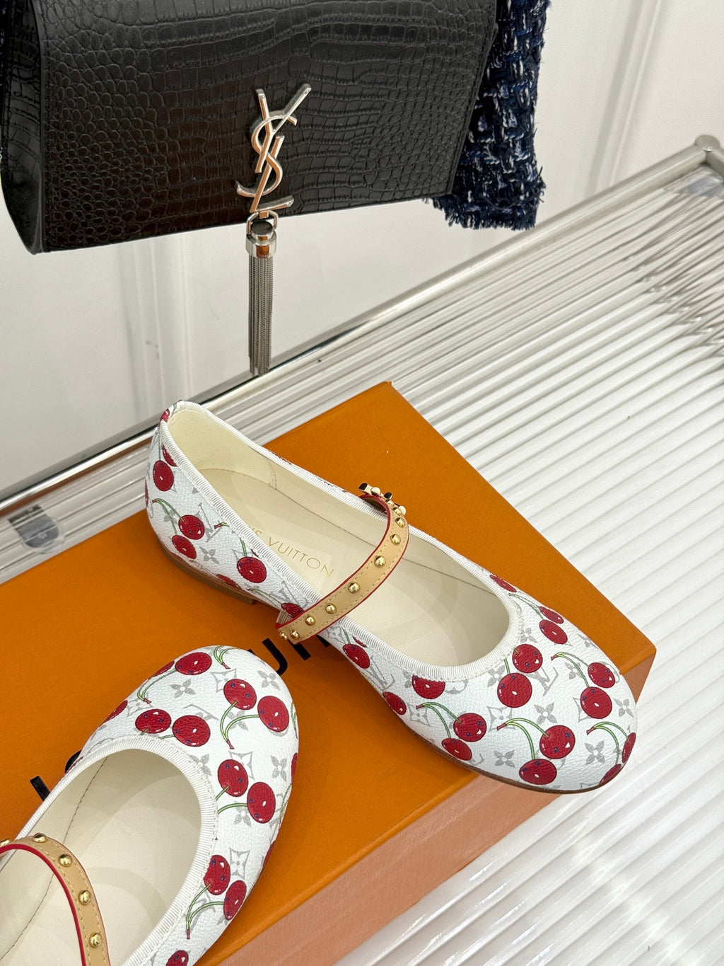 Louis Vuitton cherry-print ballerina flats with tan strap and gold studs