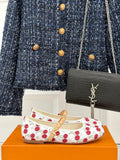 Louis Vuitton cherry-print ballet flats with gold studded strap, round toe
