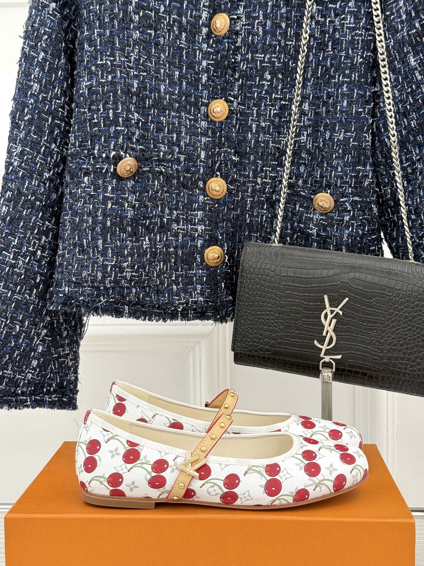 Louis Vuitton cherry-print ballet flats with gold studded strap, round toe