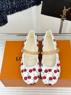Louis Vuitton cherry-print Mary Jane flats, gold studded straps, round toe