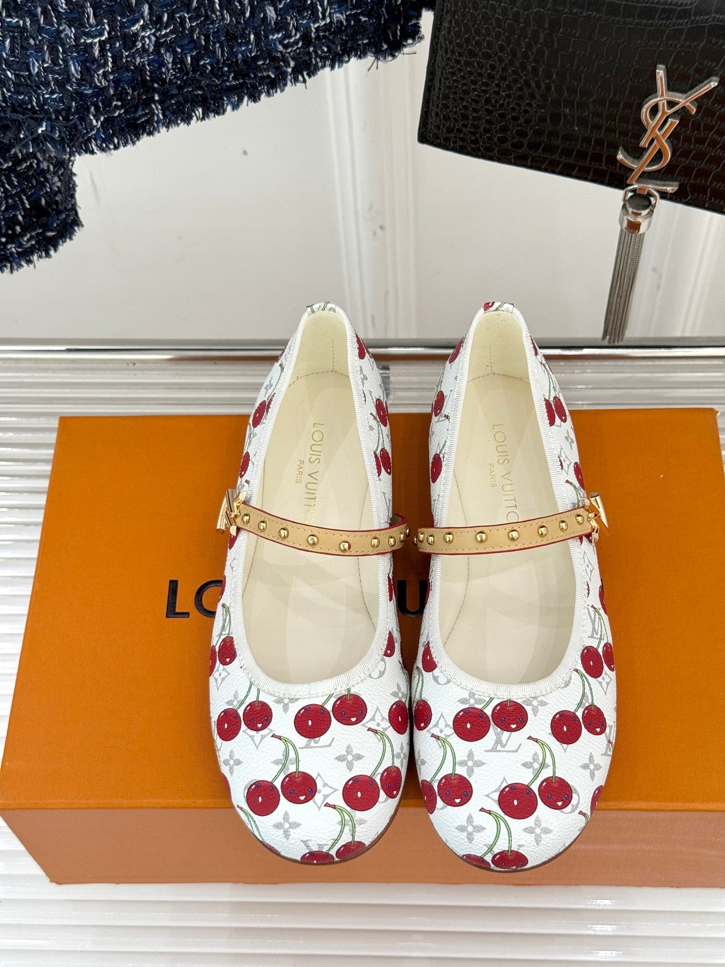 Louis Vuitton cherry-print Mary Jane flats, gold studded straps, round toe