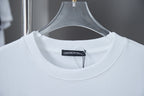 White crewneck T-shirt neckline with brand tag label