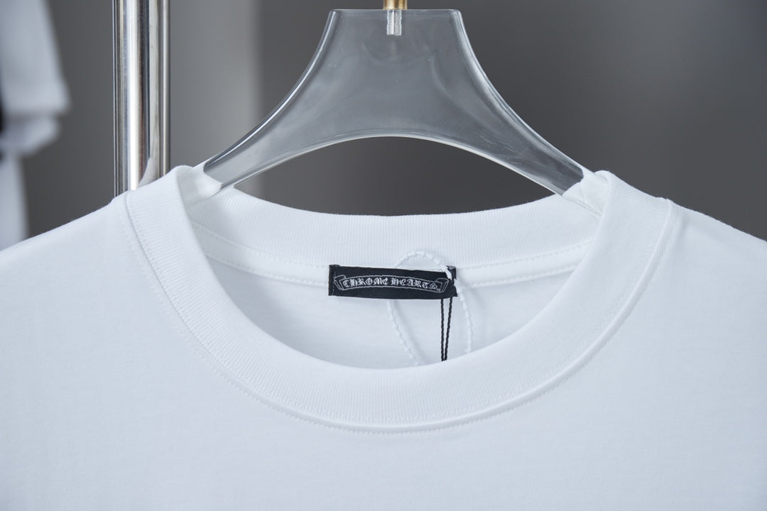 White crewneck T-shirt neckline with brand tag label