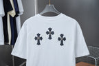 White short-sleeve T-shirt with dark cross graphic across upper back