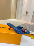 Blue monogram heeled mule with burgundy trim and gold square buckle detail