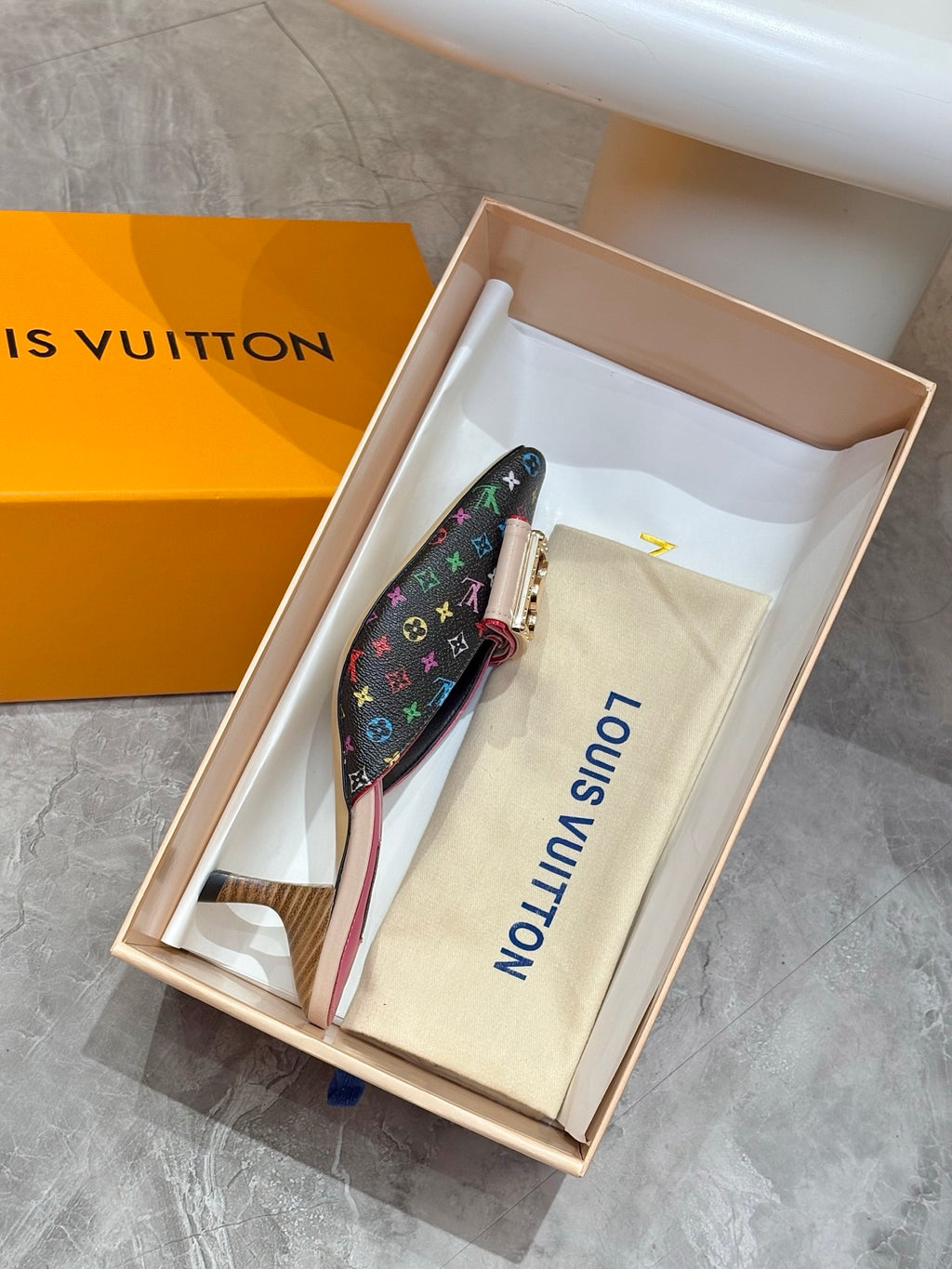Louis Vuitton ladies shoes mule in box with multicolor monogram upper and pink trim