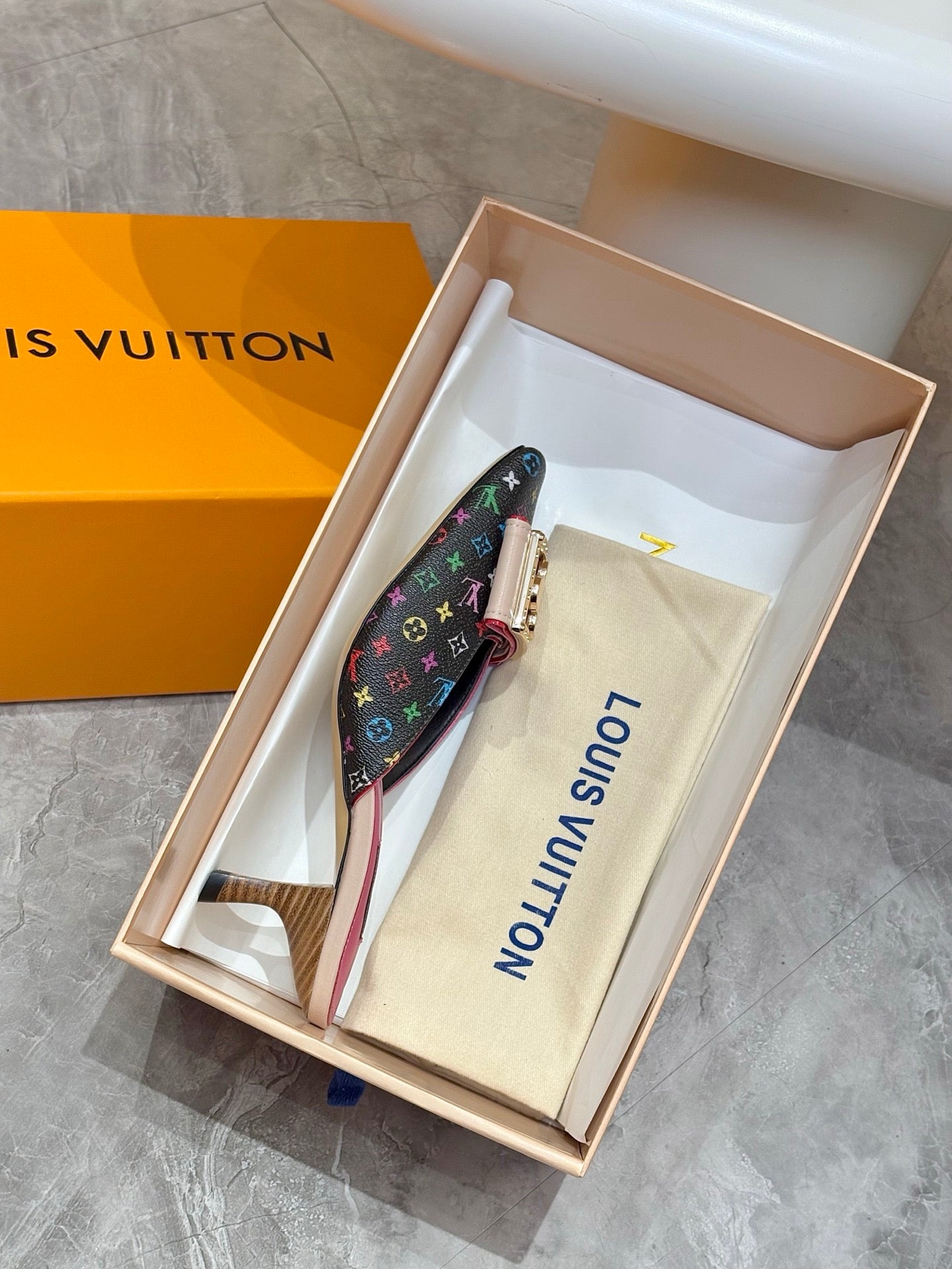 Louis Vuitton ladies shoes mule in box with multicolor monogram upper and pink trim