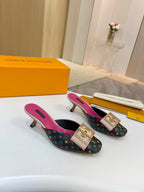 Louis Vuitton ladies shoes pair of mules with pink insoles, multicolor monogram uppers, gold buckle