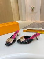 Louis Vuitton ladies shoes heeled mules with multicolor monogram straps and bright pink insoles
