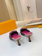 Louis Vuitton ladies shoes pair of heeled mules with pink footbeds and multicolor monogram uppers