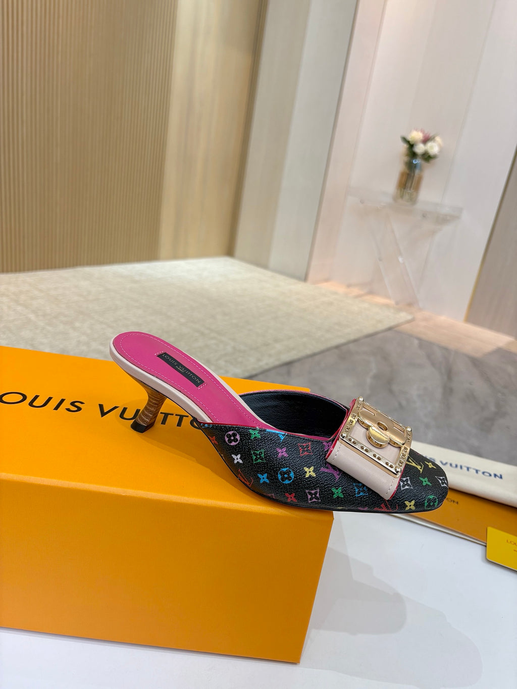 Louis Vuitton ladies shoes mule with multicolor monogram upper, pink insole, gold buckle