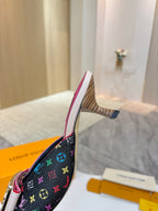 Louis Vuitton ladies shoes heeled mule with dark multicolor monogram, pink sole, side profile