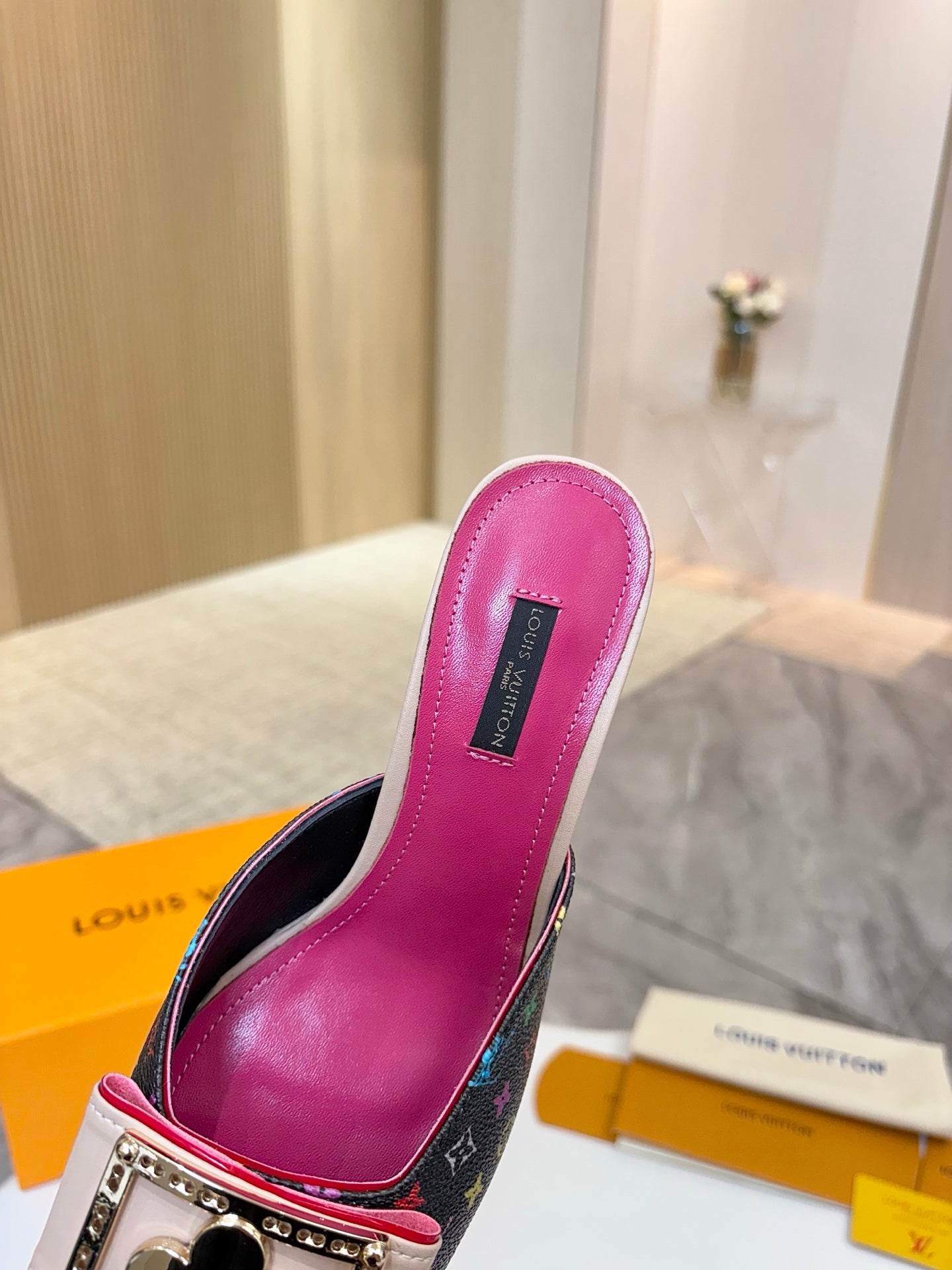 Louis Vuitton ladies shoes mule with bright pink interior lining and multicolor monogram upper
